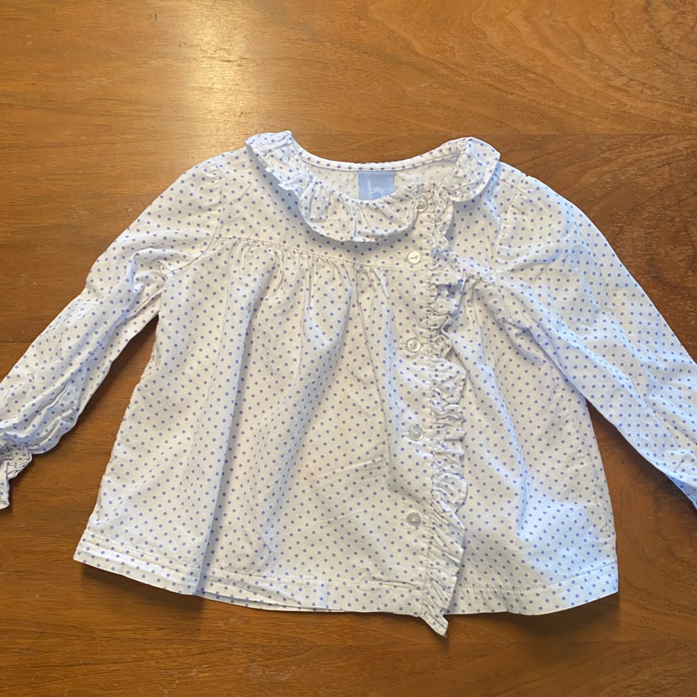 Bella bliss White with blue Polka Dot toddler girls long sleeve ruffle Shirt